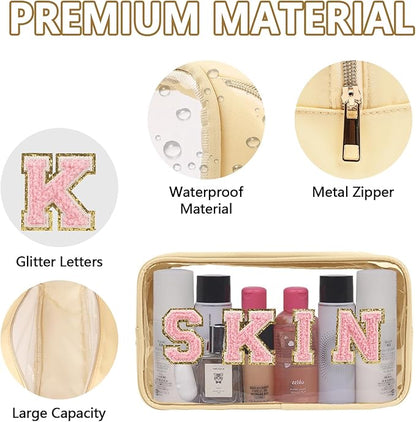 Iqimott Clear Patch Makeup Bag Skin Pouch, Preppy Personalized Chenille Letter Cosmetic Pouch for Travel, Nylon Waterproof Organizer Skin Care Zipper Toiletry Bags for Women Girls(Beige)