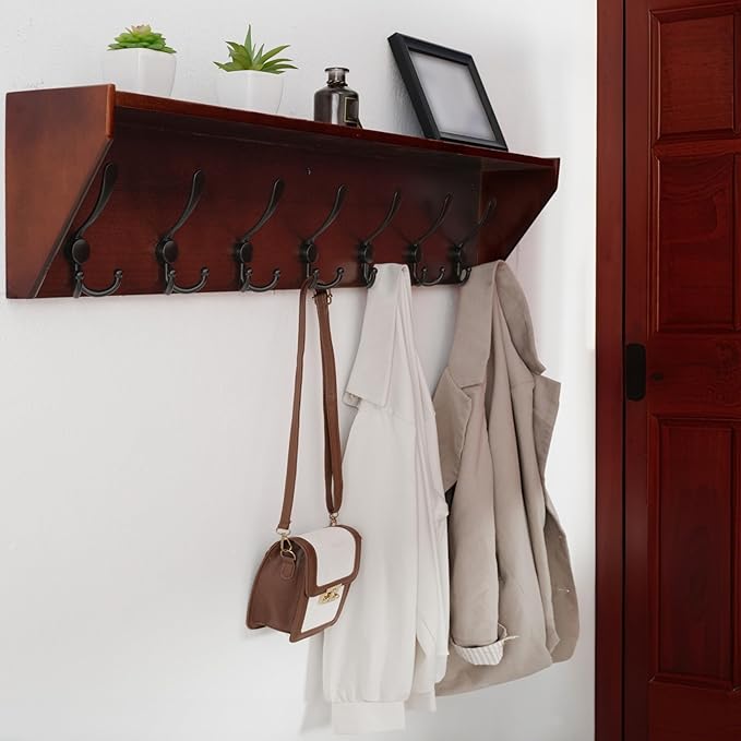 WEBI Coat Rack Wall Mount with Shelf,35" Long Wall Shelf with Hooks Underneath,7 Triple Hooks for Entryway,Hallway,Bedroom,Cherry