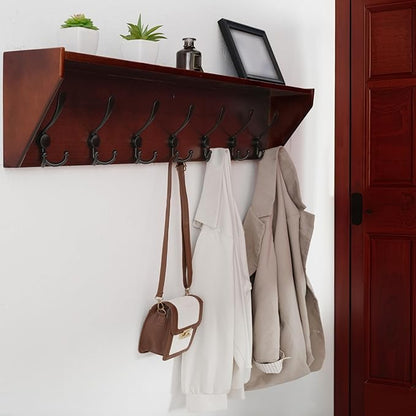 WEBI Coat Rack Wall Mount with Shelf,35" Long Wall Shelf with Hooks Underneath,7 Triple Hooks for Entryway,Hallway,Bedroom,Cherry