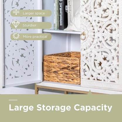 Sophia & William Accent Cabinet with Doors, White Distressed Storage Cabinet Display Cabinet with 2 Hollow-Carved Doors and Metal Legs for Living Room Entryway