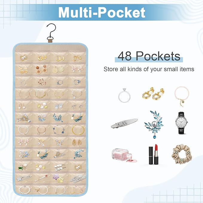 Dynoro Double-Sided Hanging Jewelry Organizer, Large Teal Storage Roll for Earrings, Necklaces, Rings, 48 Pockets 21 Hooks, Durable Oxford Fabric for Closet, Wall, Door, 1 piece, Jewelry Not Included