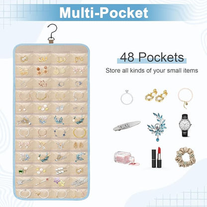 Dynoro Double-Sided Hanging Jewelry Organizer, Large Teal Storage Roll for Earrings, Necklaces, Rings, 48 Pockets 21 Hooks, Durable Oxford Fabric for Closet, Wall, Door, 1 piece, Jewelry Not Included