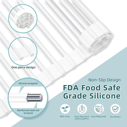 Ohuhu Over Sink Dish Drying Rack, 17.6" W x 15.4" L Roll Up Dish Racks Kitchen Sink Organizer Silicone Wrapped Large in Sink Dish Drying Rack Foldable Rolling Drain Mats Anti-Slip