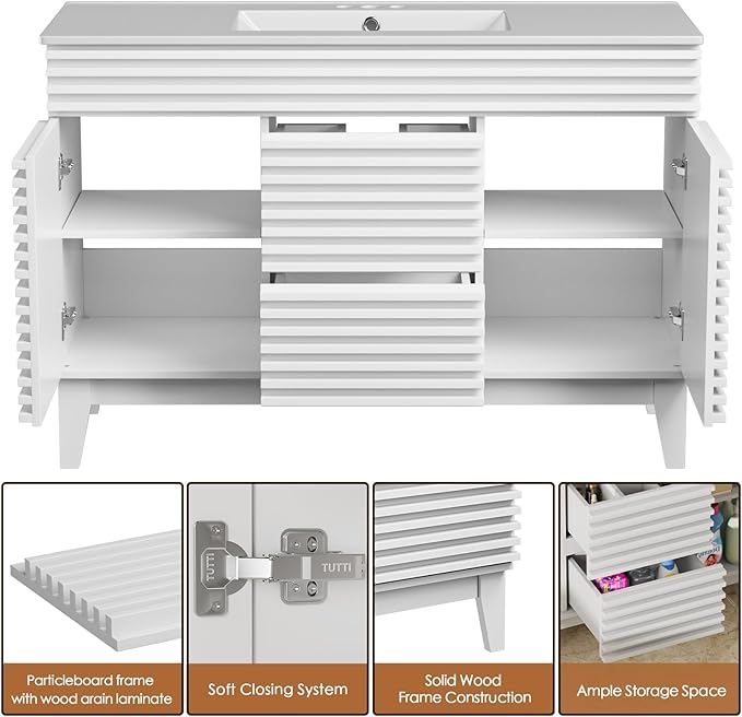 ROOMTEC 48" Bathroom Vanity with Sink, Mid-Century Freestanding Bathroom Vanity Sink with Storage, Undermount Ceramic Sink, Cabinet Particleboard Frame with Wood Grain Laminate, White