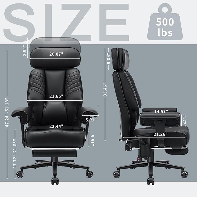 HOFFREE Big and Tall Office Chair 500lbs for Heavy People Executive Office Desk Chair with Wide Seat PU Leather Computer Chair with Adjustable Lumbar Support Black