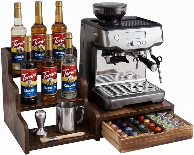 Wood Coffee Bar Organizer Station with Syrup Rack and Capsule Drawer, 3 Tier Coffee Syrup Organizer for Countertop, Coffee Station Organizer with Storage for Coffee Pods, Espresso Machine Stand Shelf