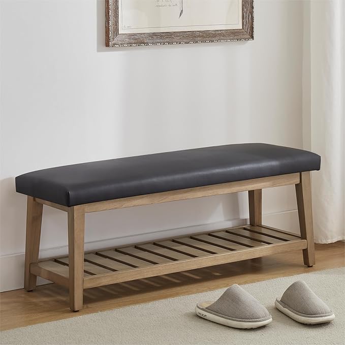Entryway Bench, PU Leather Upholstered Shoe Benches for Bedroom, Ottoman Bench with Solid Wood Shelf, Storage Bench for Hallway, Living Room(Black)