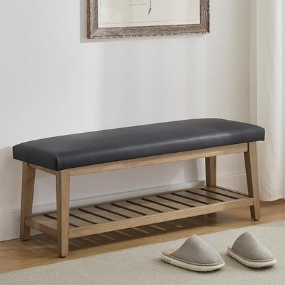 Entryway Bench, PU Leather Upholstered Shoe Benches for Bedroom, Ottoman Bench with Solid Wood Shelf, Storage Bench for Hallway, Living Room(Black)