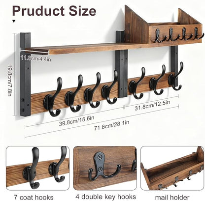 29" Coat Rack Wall Mount with Shelf, 4 in 1 Wood Entryway Shelf with 11 Metal Hooks for Clothes Key Hat Backpack, Wall Hanger for Living Room Bedroom Bathroom
