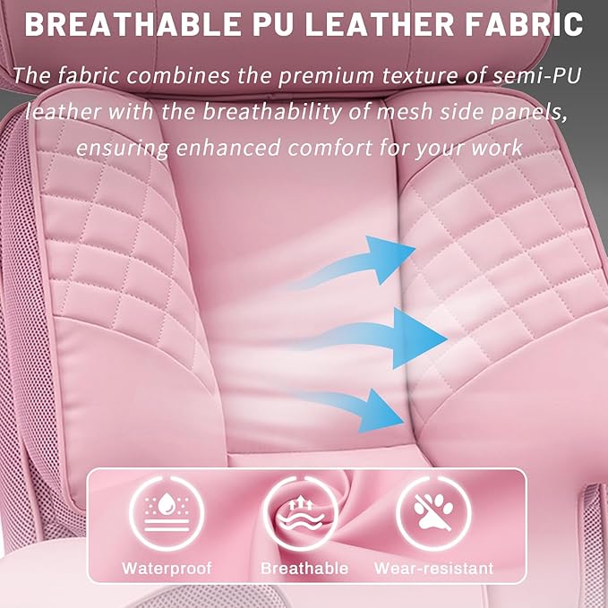 HOFFREE Big and Tall Office Chair 500lbs for Heavy People Executive Office Desk Chair with Wide Seat PU Leather Computer Chair with Adjustable Lumbar Support Pink