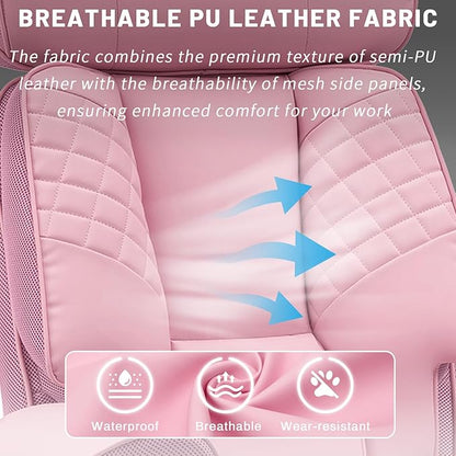 HOFFREE Big and Tall Office Chair 500lbs for Heavy People Executive Office Desk Chair with Wide Seat PU Leather Computer Chair with Adjustable Lumbar Support Pink