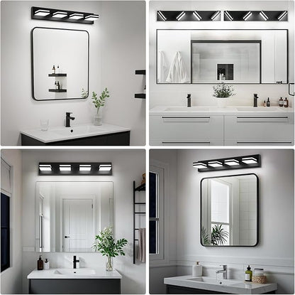 Modern LED Bathroom Lights Fixtures(4-Light),Metal Black Acrylic Wall Lighting,Vanity Lights for Bathroom Over Mirror(6000k 27in)