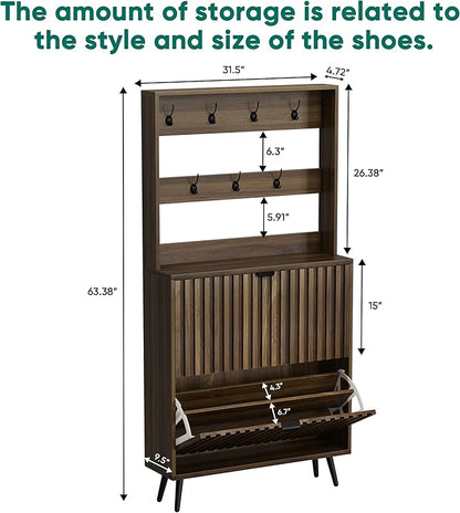 Smuxee Shoe Cabinet with 2 Flip Drawers & Coat Rack Hooks, 31.5" Walnut Hidden Shoe Storage Cabinet, 2-in-1 Hall Tree Slim Freestanding Shoe Rack Organizer for Entryway, Hallway, Living Room