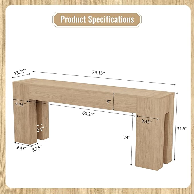 Extra Long Sofa Console Table for Entryway Living Room, 79-Inch Farmhouse Wood Behind Couch Table, Rectangular Accent Console with Wooden Double Base for Hallway Foyer Entrance, Light Oak