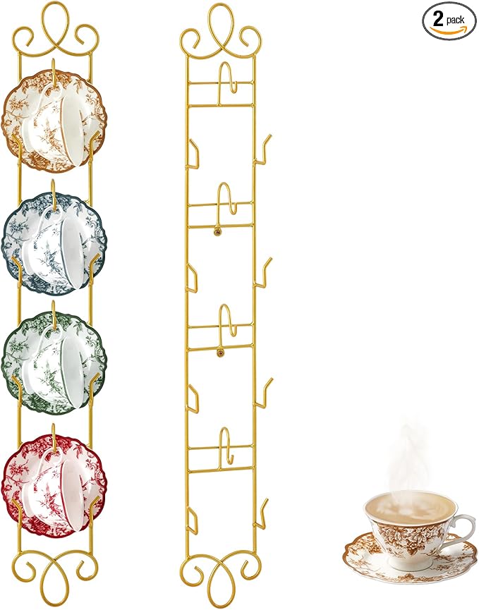 Blulu 2 Pcs Wall Mounted Tea Cup & Saucer Display Rack, 4-tier Metal Mug Holder with Plate Hangers, Decorative Wall Storage for Kitchen, Gift&Coffee Bar Display, 36'' x 5'' (Gold)