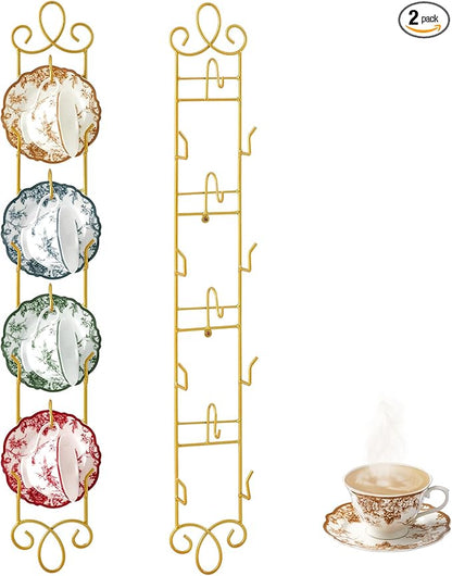 Blulu 2 Pcs Wall Mounted Tea Cup & Saucer Display Rack, 4-tier Metal Mug Holder with Plate Hangers, Decorative Wall Storage for Kitchen, Gift&Coffee Bar Display, 36'' x 5'' (Gold)