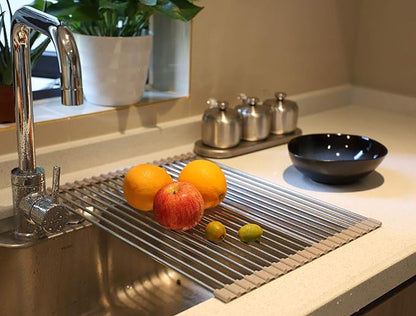 Ahyuan Roll up Dish Drying Rack Over The Sink Kitchen Roll up Sink Drying Rack Stainless Still Portable Drainer Foldable Dish Rack (Warm Gray, 17.8''X13.5'')