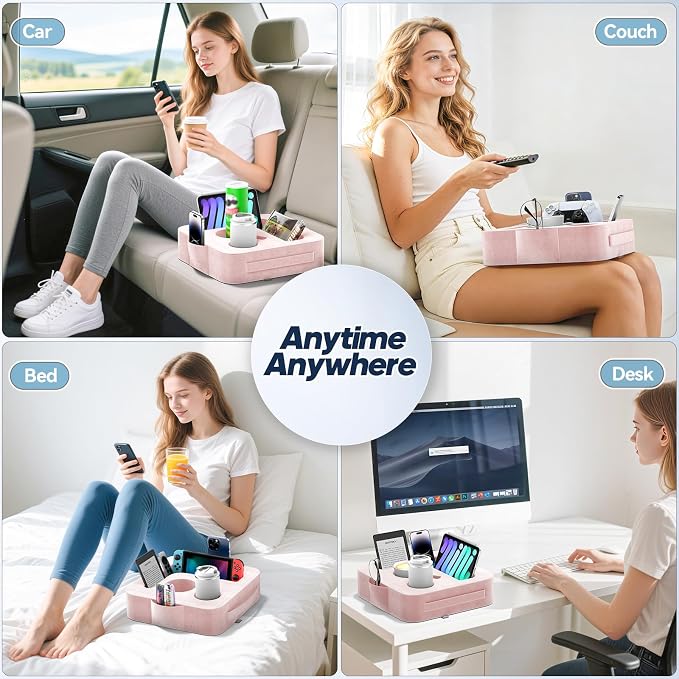 Couch Cup Holder Pillow, Sofa and Bed Caddy for iPad, Kindle, Switch, Game Controller, Remotes, Phones, Small-Sized Cup & Drink Holder for Couch, Bed, Desk, Car, Beach, Bathroom Cup Holder, Pink