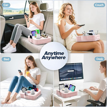 Couch Cup Holder Pillow, Sofa and Bed Caddy for iPad, Kindle, Switch, Game Controller, Remotes, Phones, Small-Sized Cup & Drink Holder for Couch, Bed, Desk, Car, Beach, Bathroom Cup Holder, Pink