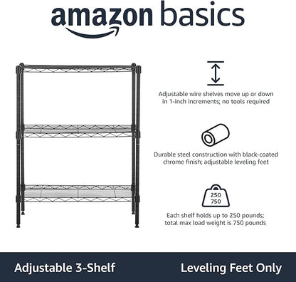 Amazon Basics 3-Shelf Adjustable Heavy Duty Steel Wire Rack Storage Shelving Organizer with Storage Space, Versatility and Ease of Use for Kitchen, Garage, 23.2" L x 13.4" W x 30" H, Black