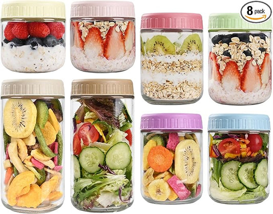 SHOWIN Overnight Oats Containers with Lids, Glass Jars with Lids 8 pcs, Wide Mouth Mason jars for Salad, Yogurt, Snacks, Meal Prep