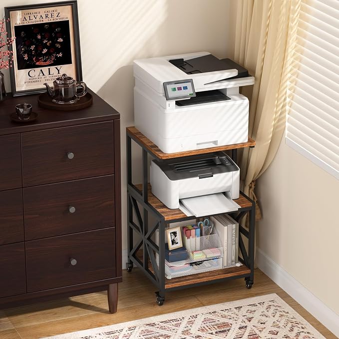 GreenForest Printer Stand with Lockable Wheels, Heavy Duty Printer Table | 3-Tier Storage Shelf, Fit 2-3 Printers/3d/Heat Press/Laser, Rolling Cart for Home Office, Small Spaces, 19.7"x17.7", Walnut