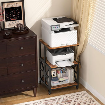 GreenForest Printer Stand with Lockable Wheels, Heavy Duty Printer Table | 3-Tier Storage Shelf, Fit 2-3 Printers/3d/Heat Press/Laser, Rolling Cart for Home Office, Small Spaces, 19.7"x17.7", Walnut