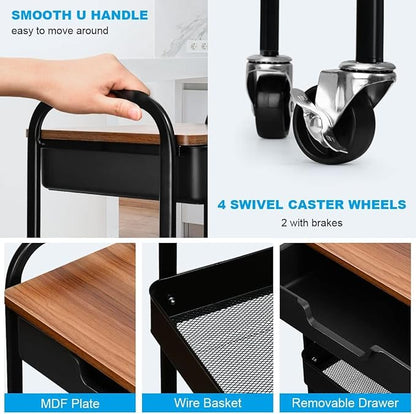 Aratan 3 Tier Rolling Cart with Drawer, Metal Utility Cart on Wheels Storage Cart with Wood Top, Kitchen Cart Art Cart Organizer for Bathroom Office Balcony Living Room