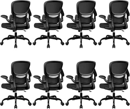 Office Chair Ergonomic Desk Chair, Breathable Mesh Comfy Chair with Lumbar Support, Computer Chair, Home Desk Chair with Flip-up Armrests, Gaming Chair for Adults Home Office (Black,8Pack)