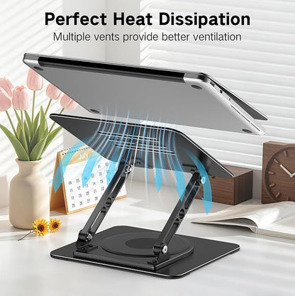 Adjustable Laptop Stand for Desk with 360 Rotating Base, Metal Foldable Laptop Riser Holder, Portable Desktop Book Stands, Ventilated Cooling Computer Notebook Stand Compatible with 10-15.6” Laptops