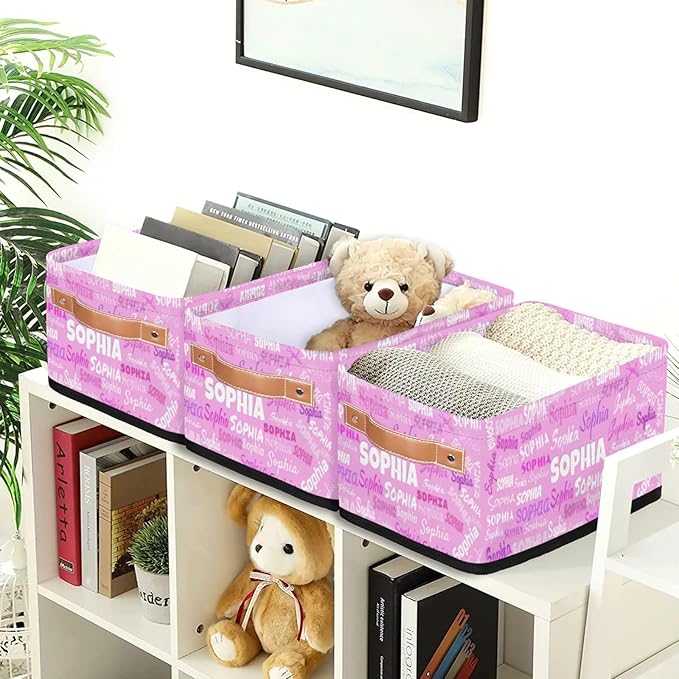 Personalized Small Storage Basket with Name, Pet Kids Toys Storage Bin with Handles for Shelf Home Closet Kitchen Countertop, Bright Pink Background with Colorful Names