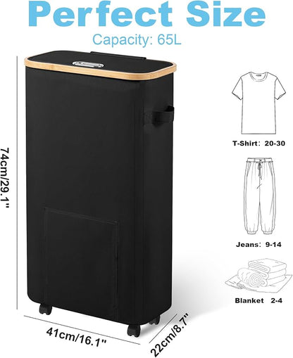 Vincona Laundry Basket with Wheels, Tall Dirty Clothes Hamper on Wheels, Rolling Laundry Hamper with lid for Dorm, Bedroom and Bathroom