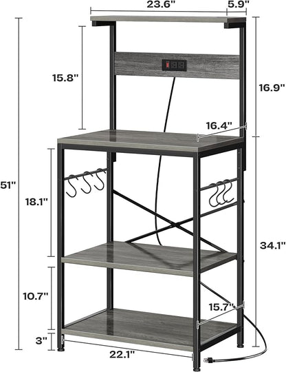 SUPERJARE Kitchen Bakers Rack with Power Outlet, Coffee Bar Table 4 Tiers, Kitchen Microwave Stand with 6 S-Shaped Hooks, Storage Shelf Rack for Spices, Pots and Pans - Charcoal Gray