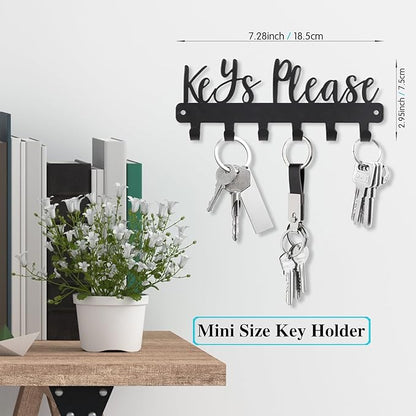 Mini Keys Please Holder on Wall,Small Key Holder Wall Mounted,Black Metal Decorative Key Rack Hooks for Garage,Mudroom,Hallway,Entryway,Front Door,Office(Mini Size:7.28 x 2.95 inch)