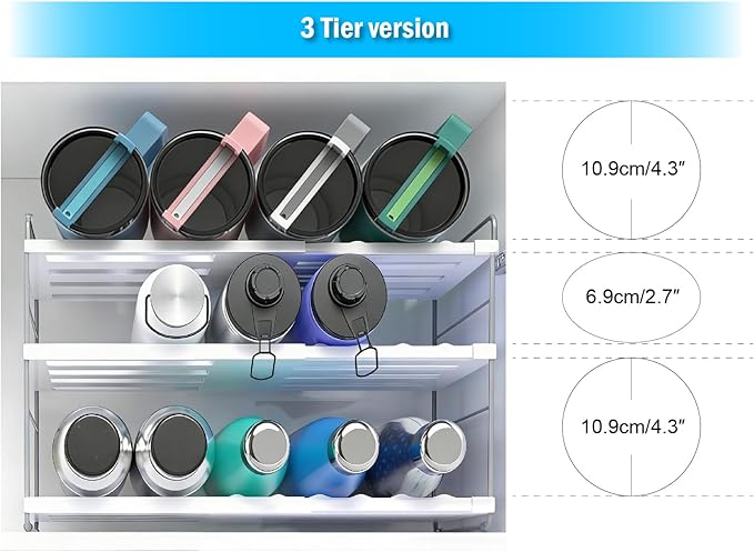 YAN & HIN Expandable Water Bottle Organizer for Cabinet, 3 Tier Tumbler Organizer, Adjustable Bottle Holder, Kitchen Pantry Storage Rack
