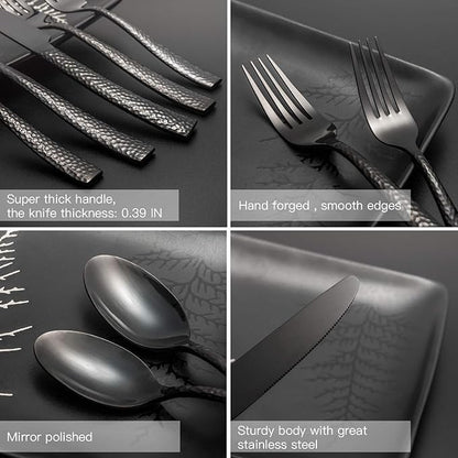 Kelenfer Silverware 65-Piece Black Hammered Flatware Set with Serving Utensils Stainless Steel Thick Handle Mirror Polished Cutlery Set for Wedding Hotel Restaurant, Service for 12