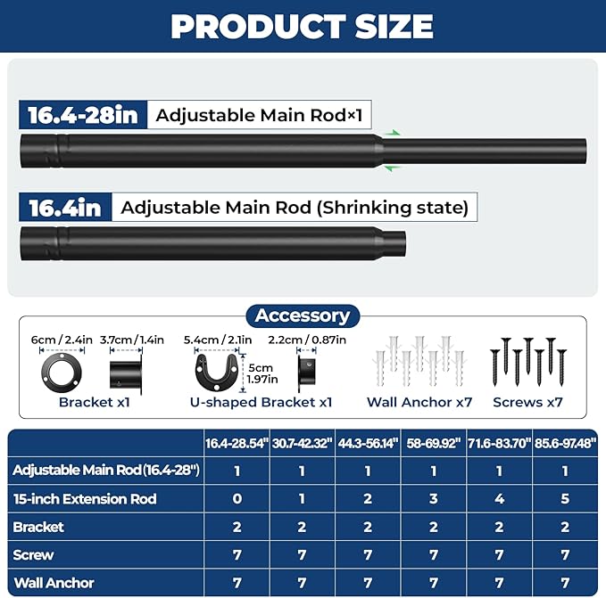 Mavivegue Closet Rod, 17 to 28 Inch Adjustable Closet Rods for Hanging Clothes, Heavy Duty Tension Rod, Black Curtain Rod, for Closet, Wardrobes, Bathroom, Laundry