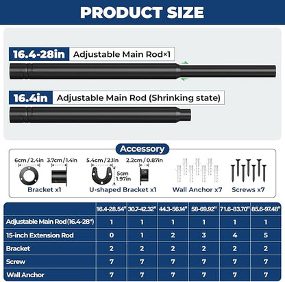 Mavivegue Closet Rod, 17 to 28 Inch Adjustable Closet Rods for Hanging Clothes, Heavy Duty Tension Rod, Black Curtain Rod, for Closet, Wardrobes, Bathroom, Laundry