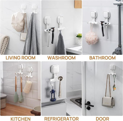 LEVERLOC Vacuum Suction Cup Razor Holder for Shower 2 Pack, Heavy Duty Shower Hooks for Towel, Loofah, Razor, Cell Phone, Damage-Free Hanging Plated Suction Cup Hooks, Easy to Install and Reuse, White