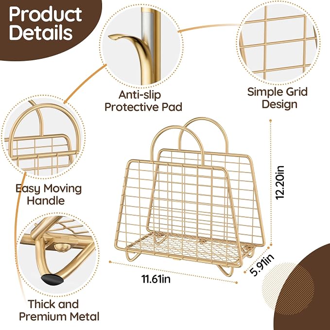 Gold Magazine Holder,Modern Magazine Rack Floor,Metal Wire Magazine Basket,Handbag Design Magazine Storage Organizer for Magazines File Book Newspaper Vinyl Record Albums