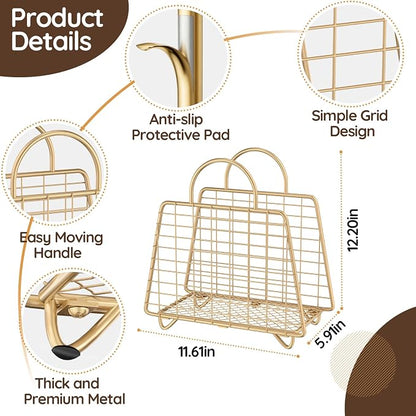 Gold Magazine Holder,Modern Magazine Rack Floor,Metal Wire Magazine Basket,Handbag Design Magazine Storage Organizer for Magazines File Book Newspaper Vinyl Record Albums