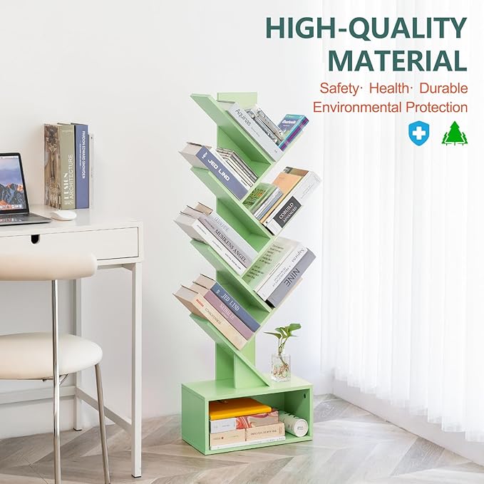 Yoobure Tree Bookshelf - 6 Shelf Retro Floor Standing Bookcase, Tall Wood Book Storage Rack for CDs/Movies, Utility Book Organizer Shelves for Bedroom, Living Room, Home Office Green