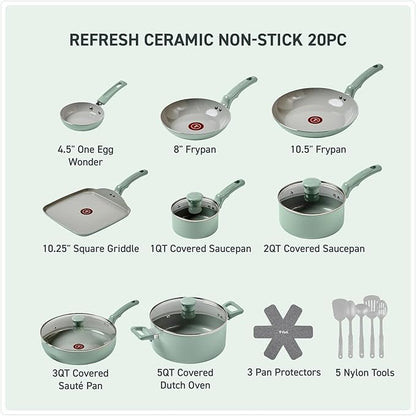T-Fal Refresh Ceramic Nonstick Cookware Set, 20-Piece, Oven Safe to 350°F, Stockpot, Ceramic Pots and Pans Set, Frying Pans, Griddle, Utensils, Mint Green
