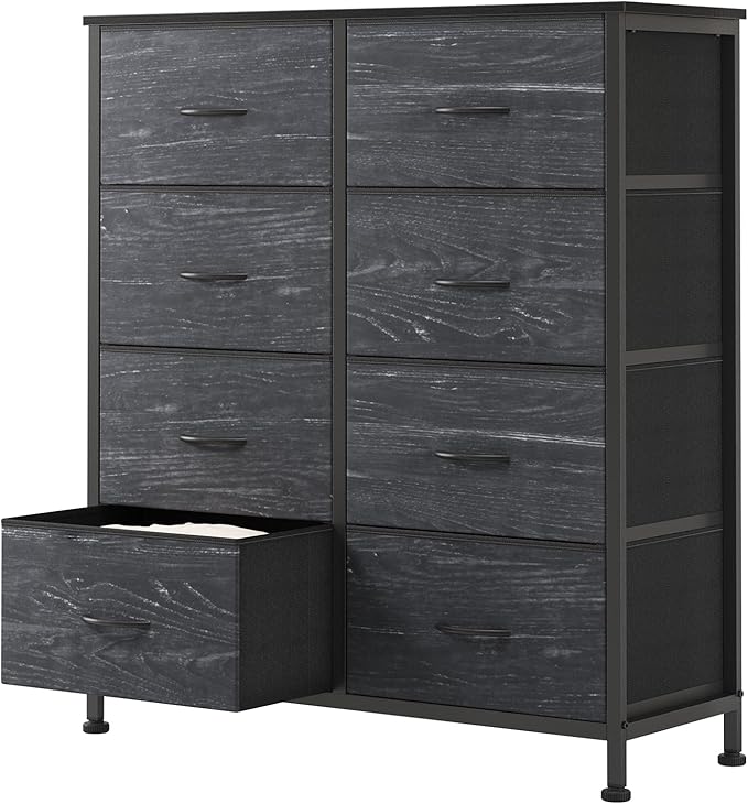 Sweetcrispy 8 Drawer Fabric Dresser for Bedroom, Tall Double Dresser Chest of Drawers with Sturdy Steel Frame and Wooden Top, Storage Organizer with Easy Pull Handles,Black Wood Grain