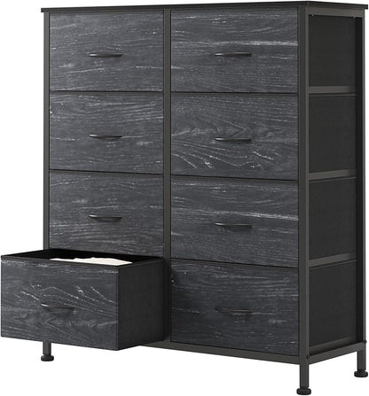 Sweetcrispy 8 Drawer Fabric Dresser for Bedroom, Tall Double Dresser Chest of Drawers with Sturdy Steel Frame and Wooden Top, Storage Organizer with Easy Pull Handles,Black Wood Grain