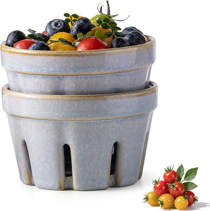 Gomakren Ceramic Berry Basket Set of 2, Round Fruit Bowl with Holes, Fruit Storage Containers for Kitchen Fridge, Cute Strawberry Basket for Berries, Grape, Cherry, Gray