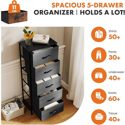 Sweetcrispy 5 Drawer Dresser with Fabric Bins Steel Frame Wood top Storage Chest for Bedroom Closet Hallway Gray Compact Organizer Durable Home Storage Solution
