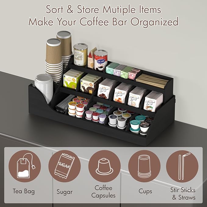 Suli Exact Large Coffee Station Organizer,Wooden Countertop Pods Holder with Drawer for Condiment Syrup Tea Cups for Lobbies,Breakroom,Office,Rustic Bar Decor for Accessories Organizer,3 Tiers -Black