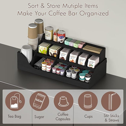 Suli Exact Large Coffee Station Organizer,Wooden Countertop Pods Holder with Drawer for Condiment Syrup Tea Cups for Lobbies,Breakroom,Office,Rustic Bar Decor for Accessories Organizer,3 Tiers -Black