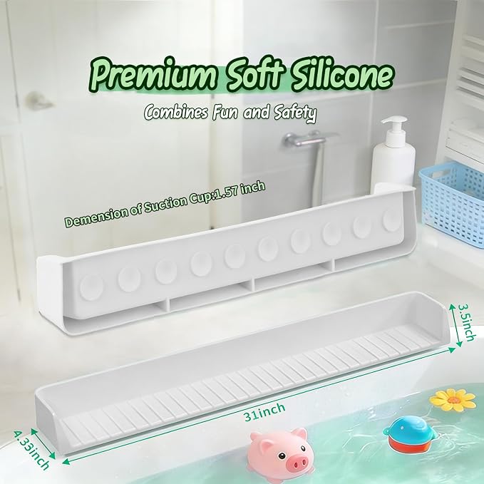 Bathtub splash guard for tub kids& Bath Shelf for Kids – Toddler Bath Tray, Bath Toys Storage & Ledge Organizer – Splash Guard for Bathtub with Suction Cups – Kids Bathroom Accessories(2.6FT, Grey)